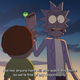The animated Rick holds his portal gun in front of Morty, while subtitles read "Not like anyone here will ever watch this anime, so we're free of any responsibility!"